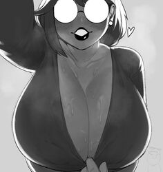 1girls big_breasts boobs breasts cleavage glasses huge_breasts krekk0v lin_(krekk0v) lipstick looking_at_viewer mature_female milf mommy_kink monochrome solo sweat sweaty undressing upper_body venus_body rating:Explicit score:1297 user:BigDaddy777