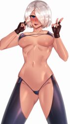 1girls 2020 angel_(kof) belly bikini bikini_bottom bikini_top blue_eyes blush breasts cleavage clyde_s double_peace_sign double_v double_v_sign eyebrows_visible_through_hair eyelashes female female_focus female_only fingerless_gloves gloves hair_over_one_eye king_of_fighters looking_at_viewer low-angle_view micro_bikini navel peace_sign short_hair snk solo solo_female solo_focus standing thighs tongue tongue_out underboob v v_sign white_background white_hair rating:Questionable score:85 user:St1rolvamp3ler