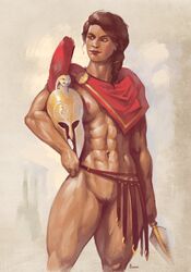 1girls abs areolae assassin's_creed_(series) assassin's_creed_odyssey big_breasts black_pubic_hair breasts brown_hair cape female female_only greek helmet janrock kassandra large_breasts mature_female muscles muscular muscular_arms muscular_female muscular_thighs nipples nude_female pink_areola pubic_hair pussy red_cape solo spear traditional_art ubisoft rating:Explicit score:220 user:justausername