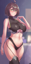 1girls 2021 absurdres ahoge alternate_version_available azur_lane baltimore_(azur_lane) bangs bikini black_bikini black_legwear blush breasts brown_hair closed_mouth curvy female female female_focus female_only green_eyes hair_between_eyes hand_up highres large_breasts navel satou_aji short_hair solo solo_female solo_focus swimsuit thighhighs rating:Questionable score:118 user:St1rolvamp3ler