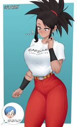 2girls belt big_breasts blush blushing brown_hair bulma_briefs clothed clothing dragon_ball dragon_ball_super dragon_ball_z female_saiyan flytrapxx kinoko_(flytrapxx) mole mole_under_eye oc pants scar t-shirt wrist_cuffs rating:Questionable score:173 user:Flake456