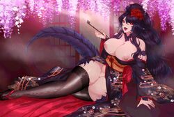  draconic elyunae geisha huge_breasts kimono kiseru monster_girl pierced_nipples pipe red_eyes smoke smoking thick_thighs  rating:explicit score: user:marvyn