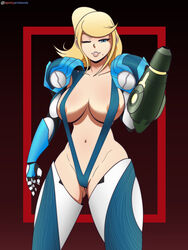 armor beauty_mark blonde_hair blue_eyes breasts highres lips metroid metroid_dread nintendo partially_nude pinup ponytail power_suit samus_aran sling_bikini spotty_arts uncensored rating:Explicit score:48 user:Spotty_Arts