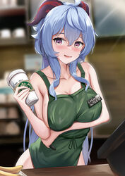 1girls apron blush breasts cafe cash_register cleavage coffee drink female female_only ganyu_(genshin_impact) genshin_impact horn iced_latte_with_breast_milk large_breasts meme naked_apron skai_kun smile starbucks rating:Questionable score:239 user:Monalicious