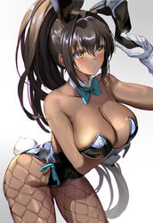 1girls artist_request big_breasts blue_archive blush breasts brown_hair bunny_ears bunny_girl bunny_tail bunnysuit dark-skinned_female dark_skin embarrassed fishnets karin_(blue_archive) karin_(bunny)_(blue_archive) millennium_science_school_student thick_thighs thighs yellow_eyes rating:Explicit score:75 user:lunarr