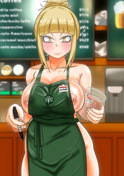 1girls alternate_hairstyle apron areolae big_breasts blonde_hair blush breasts eye_contact female hairbun high_resolution himiko_toga huge_breasts iced_latte_with_breast_milk lactating lactation large_breasts looking_at_viewer meme my_hero_academia name_tag nipples onisan_(artist) solo standing starbucks sweat thick_thighs thighs yellow_eyes rating:Explicit score:191 user:Bikuta69