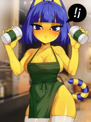 1girls animal_crossing ankha anthro apron ariel_lopez arilopez550 big_breasts blue_eyes breasts eye_contact female iced_latte_with_breast_milk large_breasts looking_at_viewer meme nintendo starbucks sweat tail thick_thighs thighhighs thighs yellow_body rating:Questionable score:159 user:Bikuta69