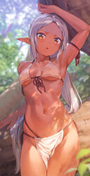 1girls armpits bare_arms bare_shoulders bikini breasts_apart brown_skin dark-skinned_female dark_elf dark_skin day elf female front-tie_top highres kinta_(distortion) loincloth looking_at_viewer midriff nature original outdoors outside pelvic_curtain pointy_ears ponytail revealing_clothes sexy_armpits small_breasts solo stomach string_bikini sunlight sweat swimsuit thighs toned toned_female tribal underboob wet white_hair yellow_eyes rating:Questionable score:383 user:oldspice1