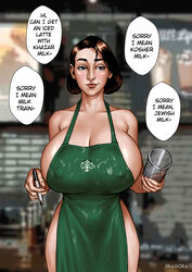 1girls abigail_shapiro apron apron_only barista big_breasts busty celebrity cum_on_clothes dialogue earrings employee employee_uniform english_text erect_nipples female female_only hi_res hourglass_figure huge_breasts iced_latte_with_breast_milk jewish jewish_female jiragora judaism meme milf naked_apron nipple_bulge politics racism racist religion sideboob smile solo solo_female speech_bubble starbucks text waitress waitress_uniform wide_hips rating:Explicit score:774 user:rohald