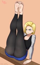 1girls android_18 ass blonde_hair blue_eyes clothes crowgod dragon_ball dragon_ball_super dragon_ball_z fanart fat_ass feet feet_together feet_up female fetish fingers foot_fetish gymnast gymnastics leggings legs lord_socar pose thick_thighs thighs watermark yellow_hair rating:Explicit score:102 user:Kamicuervodesu