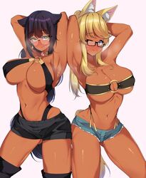 2girls animal_ears antyobi0720 armpits arms_up bandeau big_breasts black_hair blonde_hair blue_eyes blush clothed clothed_female collar dark-skinned_female dark_skin female female_only glasses jahy jahy_sama_wa_kujikenai! legs legwear liru ponytail red_gem renkin_san-kyuu_magical_pokaan skimpy tail thick_thighs tongue tongue_out white_background yellow_eyes rating:Explicit score:257 user:wazwazkk