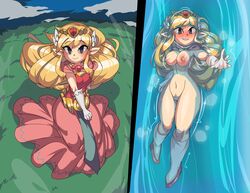 1girls absurd_res areolae blonde_hair blush breasts captain_kirb dress eye_contact female high_resolution long_hair looking_at_viewer nintendo nipples pointy_ears princess_zelda pussy the_legend_of_zelda thick_thighs toon_zelda wind_waker rating:Explicit score:210 user:Bikuta69