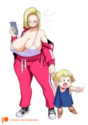 2girls android_18 annoyed blonde blonde_hair blue_eyes bunkwizard busty camisole child curvy dragon_ball dragon_ball_super dragon_ball_z earrings erect_nipples female_only full_body fully_clothed glare glaring holding_hands huge_breasts married_woman marron milf mother mother_and_daughter nipple_bulge off_shoulder phone sagging_breasts shoulder_length_hair smartphone sneakers sweat thick_thighs track_jacket track_pants track_suit venus_body voluptuous wide_hips wife rating:Explicit score:403 user:bunkwizard