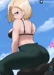 1girls android_18 ass big_ass big_breasts blonde_hair blue_eyes blush bra dragon_ball dragon_ball_z echosaber female female_only fully_clothed jeans lace_bra looking_at_viewer looking_back rear_view solo rating:Safe score:320 user:Tronitrus