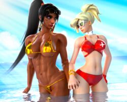 2girls 3d abs adeptusinfinitus beach belly_button big_breasts bikini black_hair blender blonde_hair breasts dark_skin fit gold_bikini hips mercy overwatch pale_skin pharah ponytail sunglasses tattoo thighs tinted_eyewear yuri rating:Questionable score:116 user:AdeptusInfinitus