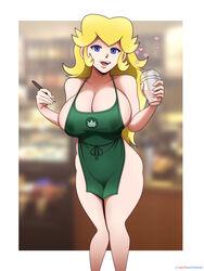 1girls apron apron_only blonde_hair blue_eyes blurry blurry_background breasts cleavage female female_only hi_res iced_latte_with_breast_milk indoors lactation long_hair looking_at_viewer mario_(series) meme naked_apron nintendo open_mouth partially_clothed princess_peach smile solo spotty_arts standing starbucks thighs uncensored white_border rating:Questionable score:184 user:Spotty_Arts