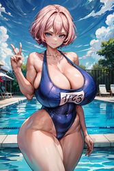 1girls ai_generated bangs big_breasts blue_eyes breasts cleavage covered_navel gigantic_breasts huge_breasts looking_at_viewer opal_(tampopo) outdoors outside peace_sign pink_hair pool poolside public_pool school_swimsuit short_hair sideboob sky smile stable_diffusion tampopo thick_thighs v wide_hips rating:Questionable score:82 user:Tampopo