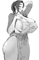 1girls alternate_breast_size alternate_version_available apron areola_slip areolae big_breasts black_and_white blush breasts cleavage ear_piercing earrings efto_(pixiv) female female_only game_freak hair hand_behind_head huge_breasts large_breasts lips mature mature_female mature_woman milf monochrome mother mother_(pokemon_sv) open_shirt pokemon pokemon_sv shirt smile solo solo_female sweat sweatdrop thighs rating:Explicit score:354 user:daft_human