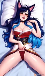  ahri ai_generated choker eyeshadow grin league_of_legends lerrilas lipstick red_panties riot_games smile_at_viewer yellow_eyes  rating:questionable score: user:lerrilas