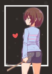 amber_eyes back_view bike_shorts brown brown_hair cougar1404 facing_away female female_only frisk fully_clothed hair heart sfw simple_background solo solo_female stick sweater tight_clothing undertale undertale_(series) rating:Safe score:209 user:MyMan3Bests