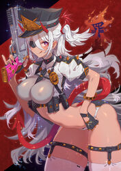 1girls arched_back ass bare_arms bare_midriff bare_thighs barely_clothed barely_contained barely_visible_nipples belly_button bottomwear breasts cleavage dark-skinned_female dark_skin demon_girl demon_horns demon_tail devil_horns ear_piercing earrings eye_patch female female_focus female_only fingerless_gloves fingernails flowing_hair garter_straps gloves gun gyaru hair_ornament hat horns japanese_text large_breasts leaning_forward long_fingernails long_hair looking_at_viewer navel navel_line nipple_bulge nipples nipples_visible_through_clothing one_eye_covered oni oni_horns open_clothes open_shirt particles_(artist) particles_(effect) ponytail pouch short_sleeves skin_tight sleeves sole_female solo solo_female solo_focus spikes sticker tagme tail thick_thighs thighhighs tie_between_breasts tongue tongue_out topwear very_long_hair very_short_skirt weapon white_hair rating:Explicit score:58 user:CalZone