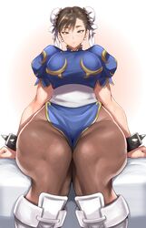 absurdres anagumasan bed boots bracelet breasts brown_eyes capcom chinese_clothes chun-li double_bun female fully_clothed gold_trim highres jewelry large_breasts pantyhose puffy_sleeves sash short_hair sitting solo spiked_bracelet spikes street_fighter street_fighter_ii thick_thighs thighs thunder_thighs white_background white_footwear rating:Questionable score:234 user:Misty_lover