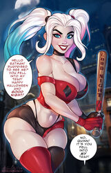 1girls ange1witch bare_shoulders baseball_bat bat_(object) batman_(series) big_breasts blue_eyes blue_hair breasts bustier choker cleavage collarbone dc dialogue eyeshadow female female_focus female_only fingerless_gloves gloves grin happy happy_female harley_quinn harley_quinn_(series) large_breasts light-skinned_female light_skin lipstick makeup mismatched_legwear multicolored_hair night outside patreon pink_hair platinum_blonde_hair red_lipstick signature smile solo speech_bubble standing suicide_squad thick_eyebrows thick_thighs thighhighs thunder_thighs twintails villain villainess watermark weapon white_hair wide_hips rating:Safe score:213 user:justausername