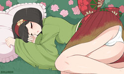 bangs big_butt black_hair blunt_bangs bubble_butt bush butt cameltoe cleft_of_venus creatures_(company) erika_(pokemon) erika_(pokemon_lgpe) eyebrows_visible_through_hair female flower game_freak grass gym_leader hairband hakama headband highres nintendo open_mouth panties pantyshot pillow pokemon pokemon_(game) pokemon_lgpe sataenart short_hair sleeping solo tagme underwear upskirt white_panties white_underwear rating:Explicit score:102 user:Doctorvalmont