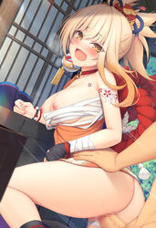 1boy armpit_crease ass bangs black_gloves blonde_hair breasts censored choker commentary eyebrows_visible_through_hair female fingernails genshin_impact gloves hair_ornament hanpenmaru highres japanese_clothes large_breasts medium_breasts mosaic_censoring motion_lines nipples open_mouth penis pink_nails red_choker rope saliva sarashi sex shimenawa shoulder_tattoo single_glove solo_focus straight tattoo yellow_eyes yoimiya_(genshin_impact) rating:Explicit score:241 user:LagoonaBlazin