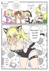 2021 2koma 4girls animal_ears armlet bare_shoulders bell bell_collar black_bodysuit black_leotard blonde_hair blue_eyes bodysuit bowsette breasts brown_hair cat_daisy cat_ears cat_peach cat_rosalina cat_tail catgirl chibi cleavage clothed clothing collar comic covered_navel crown dialogue earrings embarrassed english_text eyebrows_visible_through_hair female female_only frilled_armwear frills genderswap_(mtf) gloves green_eyes hair_between_eyes hair_over_one_eye highres horns jewelry kemonomimi_mode large_breasts leaning_forward leotard long_hair looking_at_another mario_(series) multiple_girls new_super_mario_bros._u_deluxe nintendo orange_bodysuit paw_gloves paw_pose paws pink_bodysuit platinum_blonde_hair pointing pointing_at_self pointy_ears ponytail power_up princess_daisy princess_peach princess_rosalina rule_63 sesield shell smile speech_bubble spiked_collar spiked_shell spikes standing super_bell super_crown super_mario_3d_world super_mario_bros. sweat sweatdrop tail tears text thigh_strap thighs tied_hair turtle_shell rating:Questionable score:276 user:Blookryynnn