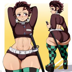 1boy amile ass big_ass blackwhiplash blush booty_shorts bottom_heavy bubble_ass bubble_butt bulge crop_top demon_slayer earrings facial_mark femboy feminine_male feminization huge_ass kamado_tanjirou kimetsu_no_yaiba looking_at_viewer looking_back male male_only midriff platform_footwear shorts solo sword thick_thighs thighhighs wide_hips zettai_ryouiki rating:Explicit score:699 user:BigDaddy777