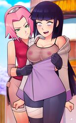 2022 2girls alternate_breast_size areolae being_undressed big_breasts black_hair blush breast_envy breast_size_difference breasts clothing erect_nipples female female_only fishnet_topwear green_eyes headband hips huge_breasts hyuuga_hinata jacket large_areolae large_breasts lavender_eyes lesbian long_hair loodncrood medium_breasts naruto naruto_(series) naruto_shippuden nipples open_jacket outdoors pink_hair pouting sakura_haruno short_hair slim_waist thick_thighs thighs wide_hips yuri rating:Explicit score:748 user:Cero_Oscuras