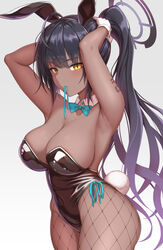 1girls animal_ears aqua_neckwear arm_tattoo armpits arms_up black_hair black_leotard blue_archive blush bow bowtie breasts bunny_ears cleavage dark-skinned_female dark_skin detached_sleeves female female_focus female_only fishnet_legwear fishnets from_side hair_tie_in_mouth halo highres karin_(blue_archive) karin_(bunny)_(blue_archive) large_breasts leotard long_hair looking_at_viewer millennium_science_school_student mouth_hold playboy_bunny ponytail rabbit_ears rabbit_tail solo solo_female solo_focus tail tattoo tying_hair very_long_hair yasojima_nejiro yellow_eyes rating:Questionable score:129 user:St1rolvamp3ler