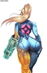 1girls arcsinge ass big_ass blonde_hair bodysuit female female_only firearm human metroid nintendo pale_skin ponytail samus_aran skin_tight solo tight_clothing weapon zero_suit zero_suit_samus rating:Questionable score:263 user:quadraticanus