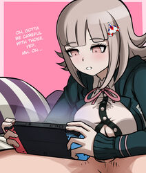 1boy 1girls asphyxiation assertive cleavage_cutout clothed_paizuri danganronpa danganronpa_2:_goodbye_despair distracted english_text faceless_male facesitting female_on_top femdom galaga happy_sex mosbles nanami_chiaki nintendo_switch paizuri paizuri_under_clothes precum precum_through_clothing simple_background straight_hair sumata_cafe text unbuttoned rating:Explicit score:185 user:wendysemployee