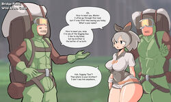 1girls 2boys bea_(pokemon) big_penis bodysuit breasts female grey_hair hair_ribbon nintendo pokemon pokemon_ss short_hair shorts speech_bubble text thick_thighs tight_clothing woohyoot rating:Questionable score:125 user:Bikuta69