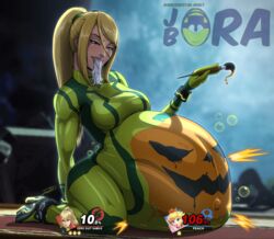 2girls belly_button big_ass big_breasts blonde_hair blue_eyes blush burping_up_items crossover gloves halloween high_heels jorabora latex_suit lipstick mario_(series) paint paintbrush ponytail post_vore princess_peach pumpkin pumpkin_belly samus_aran signature stomach_bulge super_smash_bros. tagme vore watermark zero_suit rating:Questionable score:172 user:nobodyyet