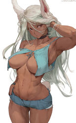 1girls abs absurd_res areola_slip artist_signature big_breasts breasts bunny_ears bunny_girl bunny_tail choker cleavage curvy cutesexyrobutts dark-skinned_female dark_skin edit erect_nipples erect_nipples_under_clothes eyelashes female female_only hi_res huge_breasts large_breasts long_hair looking_to_the_side midriff miruko muscular_female my_hero_academia partially_clothed red_eyes revealing_clothes rumi_usagiyama short_shorts shorts shounen_jump solo thick_thighs thighs thin_waist tight_clothing tight_fit tomboy toned_female upscaled watermark white_background white_hair wide_hips rating:Explicit score:569 user:Myth47