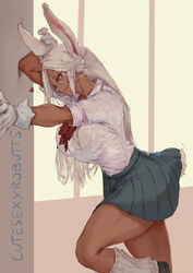 1girls absurd_res animal_ears artist_name artist_signature big_breasts bowtie bra_visible_through_clothes bunny_ears bunny_girl bunny_tail cutesexyrobutts dark-skinned_female dark_skin edit female female_focus female_only fully_clothed fur hi_res large_breasts leg_up legwear long_ears long_hair looking_down loose_socks miruko muscular muscular_female my_hero_academia rabbit_ears rabbit_tail red_eyes rumi_usagiyama school_uniform schoolgirl see-through shirt side_view simple_background skirt socks solo thick_thighs thighs thin_waist tight_clothing tight_fit tongue tongue_out watermark white_fur white_hair white_socks rating:Questionable score:336 user:Myth47