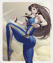 1girls action_pose alternate_hairstyle arttoru ass ass_focus athletic_female bodysuit breasts brown_hair chun-li clouds female kicking leggings long_hair looking_at_viewer skinny solo street_fighter thick_thighs tight_clothing video_games white_skin rating:Safe score:224 user:The_Realistic