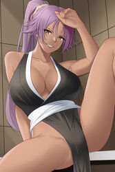 1girls arm_behind_back aslindsamure bangs big_breasts bleach breasts cleavage clothed collarbone female female_focus female_only hair_tie hand_on_forehead leaning_on_hand leg_up legs_apart legs_spread long_hair long_ponytail looking_at_viewer ponytail purple_hair shihouin_yoruichi sitting sitting_on_bench smile smiling solo solo_female solo_focus yellow_eyes rating:Questionable score:118 user:porkerpig225