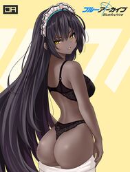 1girls artist_logo ass black_bra black_hair black_panties blue_archive blush bra cleaning_&_clearing_(blue_archive) dark-skinned_female dark_skin female highres j_adsen karin_(blue_archive) lace lace_bra lace_panties long_hair looking_back maid_headdress millennium_science_school_student panties smile thong underwear undressing very_long_hair white_legwear yellow_eyes rating:Questionable score:117 user:Shaded_Cube