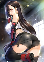 1girls ass big_breasts blush breasts earrings eye_contact female final_fantasy final_fantasy_vii gloves large_breasts long_hair looking_at_viewer mitarashi_kousei red_eyes sideboob skirt thick_thighs thighhighs thighs tifa_lockhart rating:Questionable score:45 user:Bikuta69