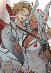 1boy 1boy1girl 1girls animal_ears blonde_hair bunny_ears bunny_girl cleavage cosplay costume dark-skinned_female doctor female glasses gloves halloween hawks_(my_hero_academia) kadeart keigo_takami long_hair male miruko my_hero_academia nurse nurse_cap nurse_uniform pulling_tie rabbit_ears rabbit_girl rabbit_humanoid red_eyes red_wings rumi_usagiyama short_skirt smirk straight tie_pull white_hair winged_humanoid wings rating:Questionable score:99 user:dirtysnow