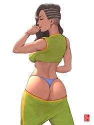 1girls ass back_view blush breasts brown_hair butt_crack capcom cornrows crop_top dark-skinned_female dark_skin female female_only laura_matsuda long_hair looking_at_viewer panties seductive_look sleeveless solo street_fighter thong volt_crocodile white_background rating:Questionable score:125 user:voltcroc