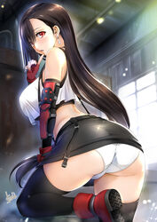 1girls ass big_breasts blush breasts earrings eye_contact female final_fantasy final_fantasy_vii gloves large_breasts long_hair looking_at_viewer mitarashi_kousei panties red_eyes sideboob skirt thick_thighs thighhighs thighs tifa_lockhart underwear upskirt white_panties rating:Questionable score:63 user:Bikuta69