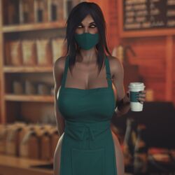 3d apron apron_only barista big_breasts black_hair blender breasts busty cafe casual clothing coffee cute dark_skin excited face_mask fast_food female female_focus female_only happy hourglass_figure iced_latte_with_breast_milk lactation looking_at_viewer mask meme mileena milk monster_girl mortal_kombat mortal_kombat_x outerwear public serving sinaf starbucks uniform waitress wide_hips rating:Explicit score:182 user:sinaf