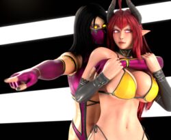 2girls 3d adeptusinfinitus big_breasts bikini blender dark_hair elbow_gloves elf_ears fit glowing_eyes heavy_breathing horns hug mask midriff mileena monster_girl mortal_kombat original_character pointing pointy_ears red_eyes red_hair sinia succubus succubus_horns tarkatan rating:Questionable score:152 user:AdeptusInfinitus