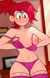 1girls 2d arkeus black_eyes blush bow_panties bra breasts cartoon_network ear_piercing female foster's_home_for_imaginary_friends frankie_foster panties piercing pink_bra pink_panties ponytail red_hair room smile solo solo_female tagme rating:Explicit score:218 user:suran234