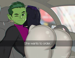 1boy 1girls ass bbrae beast_boy big_ass big_butt butt canon_couple car car_interior cartoon_network clothed clothing dat_ass dc dc_comics english english_text female foxicube garfield_logan green_eyes green_hair green_skin grey_body he_wants_to_order large_ass looking_at_viewer male meme pointy_ears purple_hair rachel_roth raven_(dc) selfie smile teen_titans thick_thighs wide_hips rating:Questionable score:248 user:Lunacy